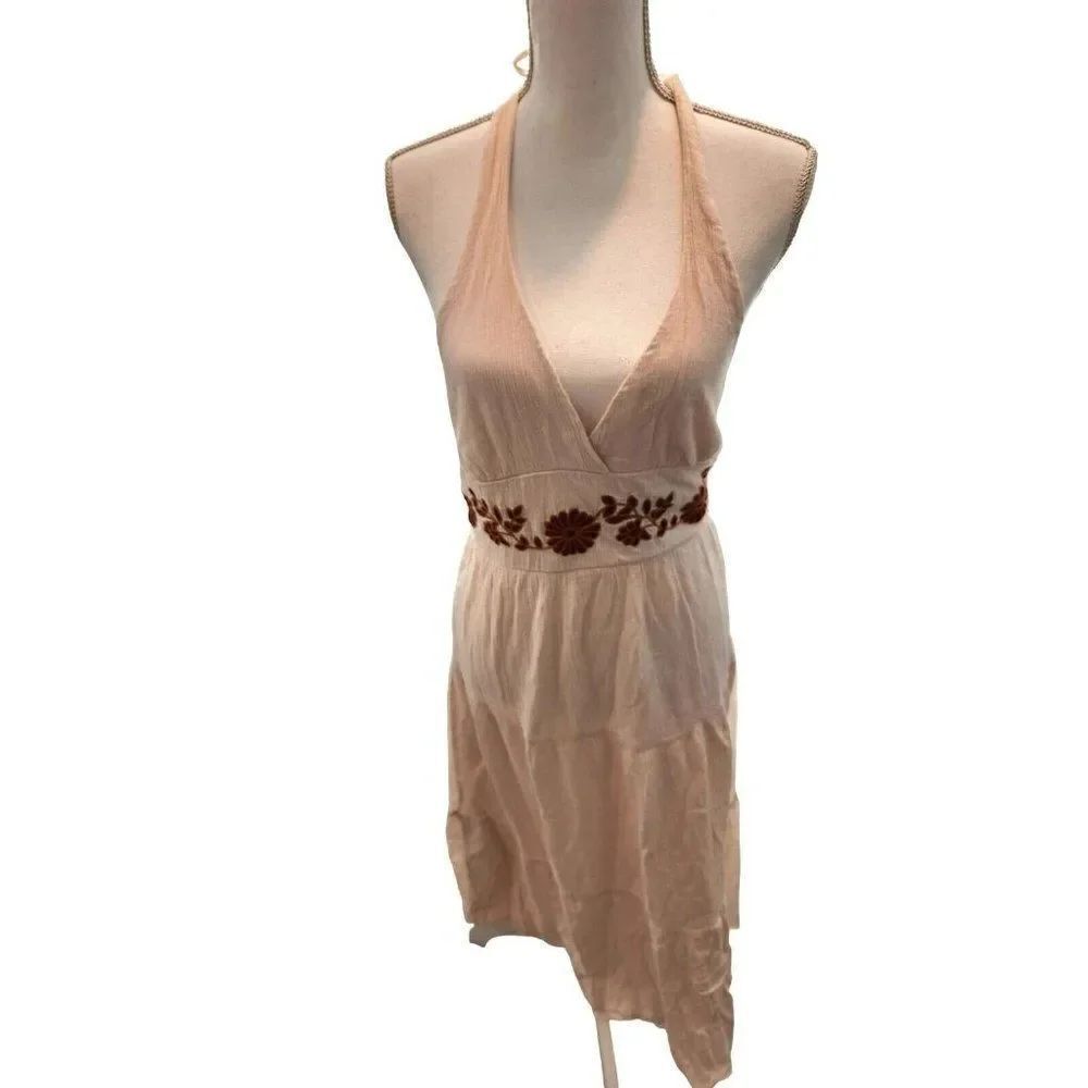 Vintage Y2K Hourglass Womens Beige Sweetheart Halter Maxi Dress M Embroidered